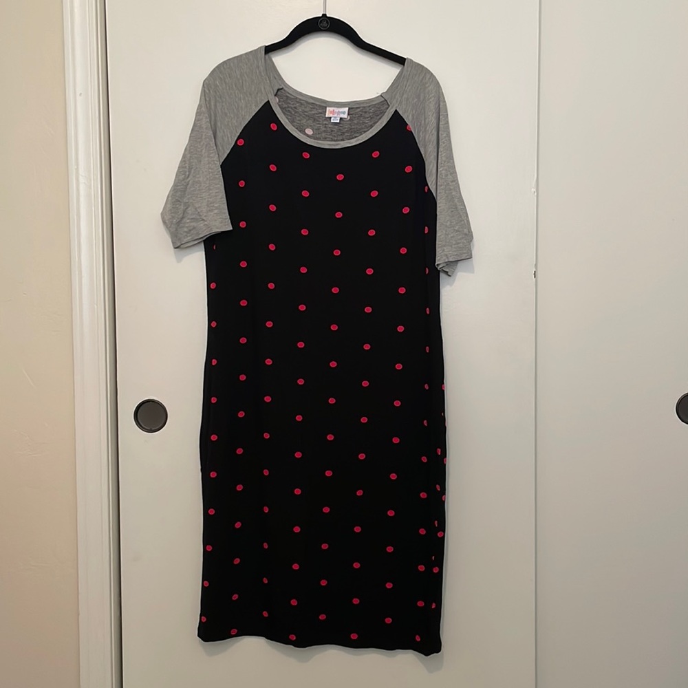 LuLaRoe Julia Dress: Black with Pink Polka Dots and Grey Sleeves (XL)